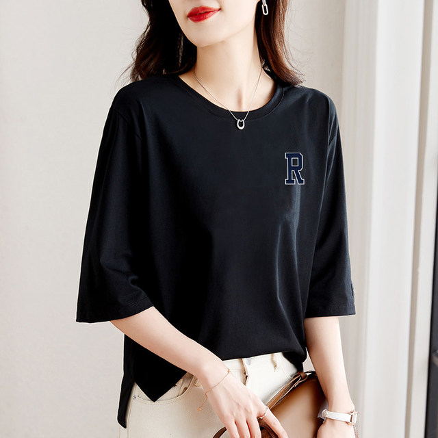 Pure cotton 7-quarter sleeve T-shirt women's summer top 2024 new loose half-sleeved fashionable black mid-sleeved base shirt