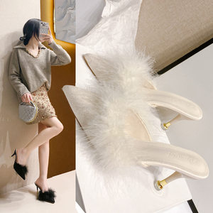 
Size 36-45 Large size women's shoes 44 Fashionable fur bag head half-drag for women 43 versatile sexy wine glass heel high heel drag 41