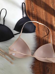 Hanging neck triangle underwear female thin shoulder strap beauty back -hidden front -buckle branched bra, summer thin small chest gathered bra
