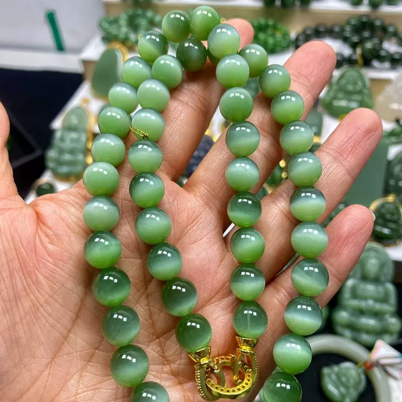 猴教授珠宝收藏级臻品纯天然和田碧玉粉青猫眼项链高冰猫眼10mm
