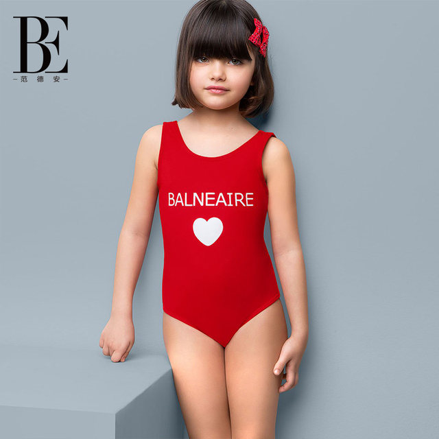 BE van der An children's swimsuits girls little red heart series mid-large children's conservative professional training one-piece triangular swimsuit