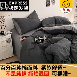 ins Simple Pure Cotton Four-Piece Set, All-Cotton Solid Color Bed Sheet, Duvet Cover, Fitted Sheet, Dormitory Bed Single Three-Piece Set 4