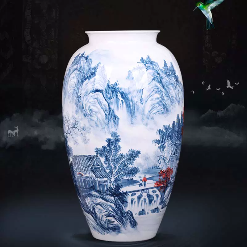 景德镇陶瓷器大师手绘青花瓷花瓶山水画新中式客厅玄关装饰品摆件-Taobao