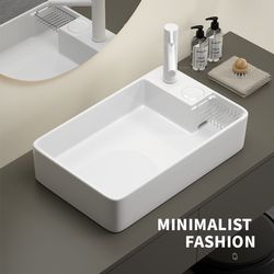 Ceramic Washbasin for Home Use on the Countertop, Single Basin for Balcony, Home Washbasin with Side Drain, Square Shape