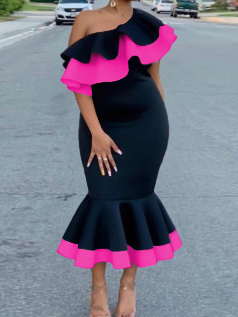 European and American large -size shoulder -back exposed ruffled border banquet parties fishtail skirt women's Sexy Party Dress