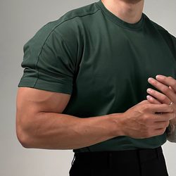 Men's Short-Sleeve Workout T-Shirt with Cuff Detail, Round Neck, Breathable, Anti-Wrinkle, Muscle-Building Gym Training Shirt