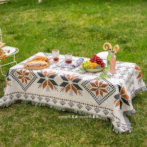 Outdoor camping tablecloth camping cotton linen picnic tablecloth high-end fabric waterproof dining tablecloth tea table sun protection rectangular