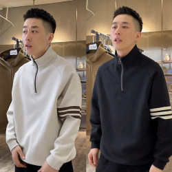 Autumn and Winter Hot-Selling Heavyweight Trendy Brand Stand-Up Collar Half-Zip Sweatshirt for Men, Fleece-Lined, Simple, Loose, Versatile, Sports and Casual Top