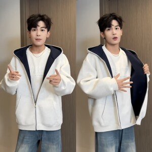 
2025 autumn hottest double zipper color-blocking jacket trendy brand handsome lazy style versatile casual hooded jacket