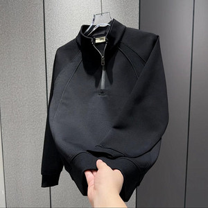 秋冬加绒简约拼接半拉链立领卫衣男士高档宽松百搭休闲上衣打底衫