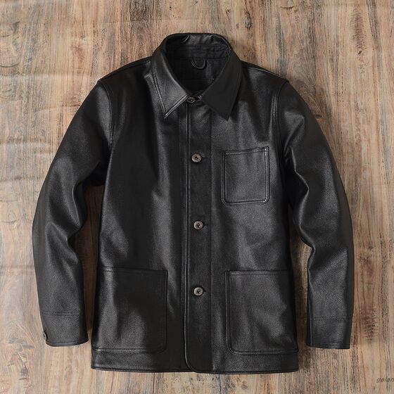 
Men's genuine leather jacket, first-layer cowhide workwear leather jacket, spring and autumn lapel mid-length coat for men