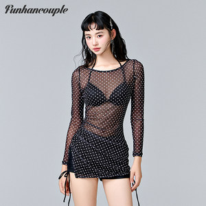 Funhancouple bikini swimsuit women's black long-sleeved sunscreen slimming hot spring split belly cover beach summer