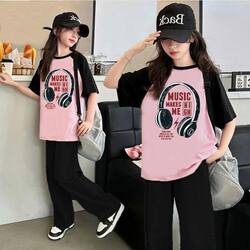 Summer Outfit for Older Children: Stylish Ice Silk Pants and Trendy Short-Sleeve Top for Girls, Loose and Fashionable Two-Piece Princess Style