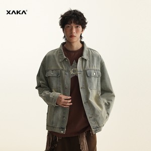 XAKA American retro water washing worker denim jacket Men's spring and autumn new high street handsome casual shoulder jacket
