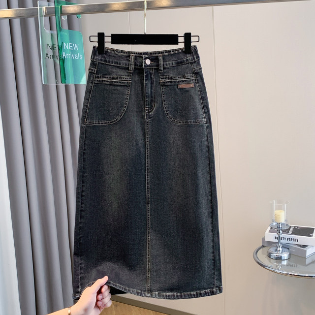 Large size women's clothing, old workwear, denim a-line skirt, spring and autumn fat mm, covering her hips and making her look slim, and then slit straight skirt trendy

