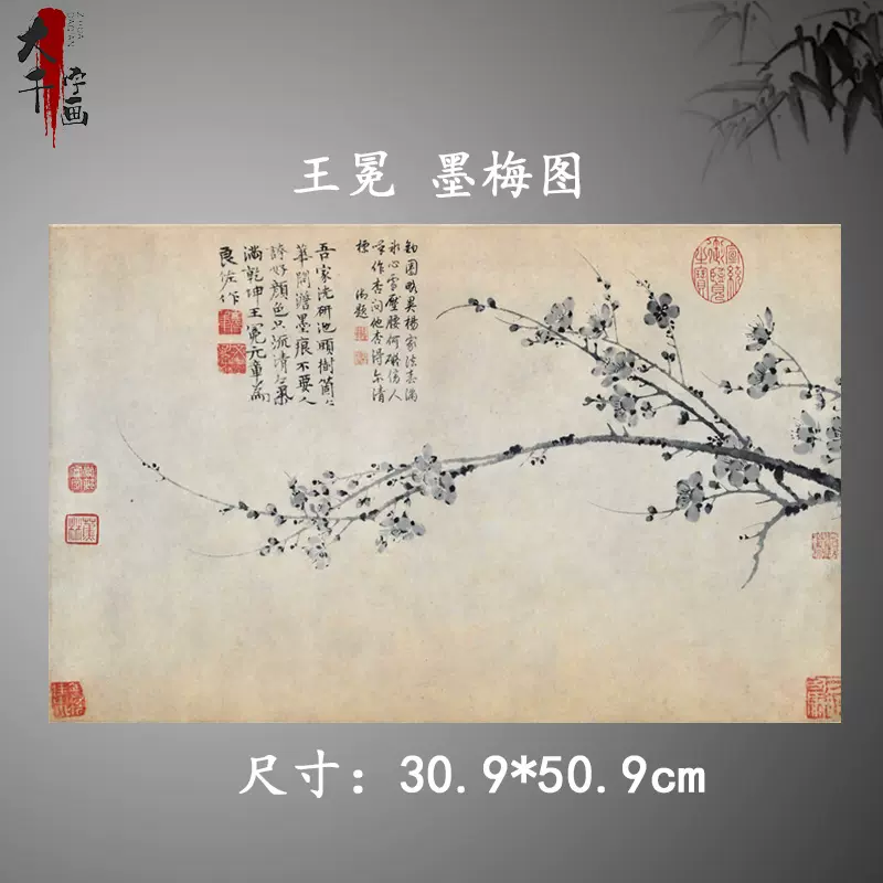 王冕墨梅图卷纸本水墨古代名家梅花古画原大真迹复制挂画装饰画-Taobao