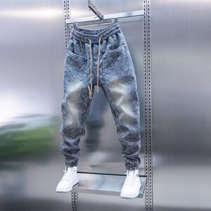 
Spring and summer light blue jeans men's fashion trend jacquard craft trousers men's drawstring Harem pants