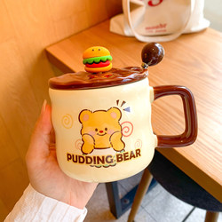 Cute Bear Mug with Lid and Spoon, Creative Couple's Water Cup, Household Ceramic Cup, Girls' Office Coffee Cup