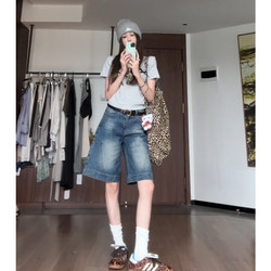 Vintage Hot Girl Denim Shorts for Women, Summer Low-Waist 5-Point Shorts, Loose Design, Straight Wide-Leg Mid-Length Pants