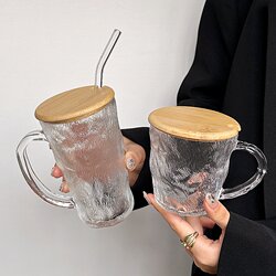 Cup ins Wind Tree Pattern Glacier Cup Glass Cup with Lid and Handle Straw Cup Water Cup Household Juice Cup Beverage Cup