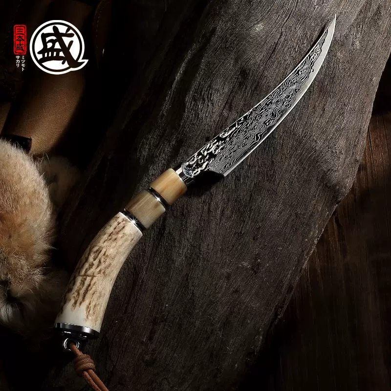 日本三本盛割肉刀大马士革钢锻打高级锋利猎刀腿骨刀小弯刀剔骨刀-Taobao