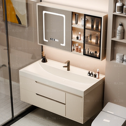 New French-Style Cream-Colored Bathroom Cabinet Set with Gold-Plated Stone Integrated Basin, Ocean Basin Washstand, and Washbasin Cabinet Combination