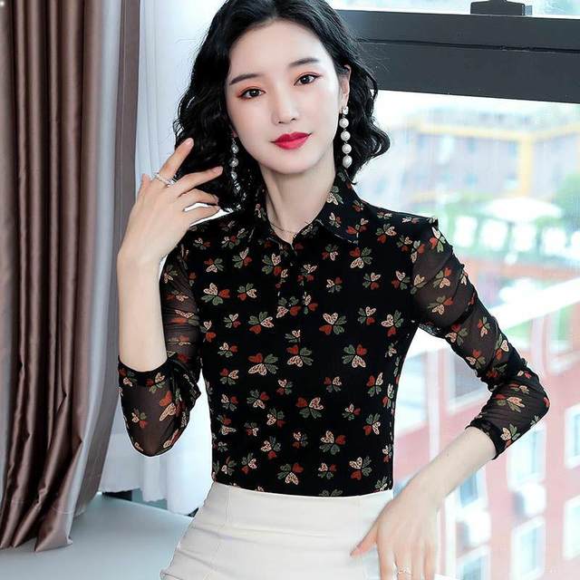 Autumn floral top female long -sleeved new large -size large -size lapel mesh bottoming shirt waist slim T -shirt small shirt minimalist

