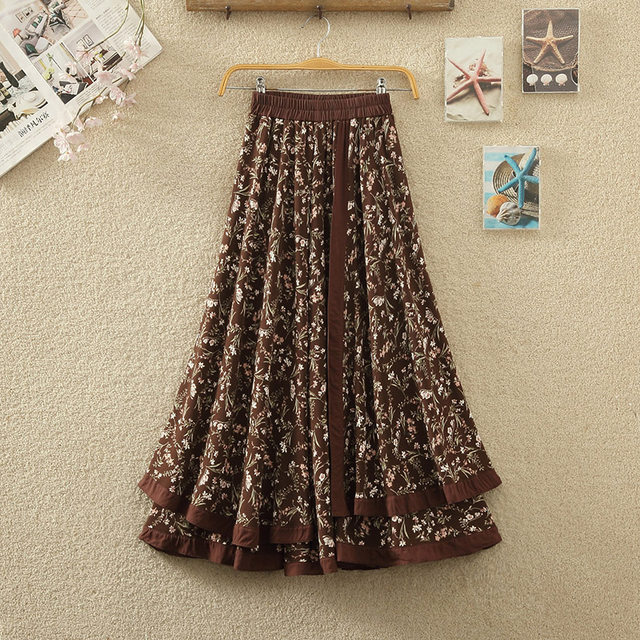 Retro national wind floral skirt female spring and summer new high -waisted large stitching irregular mid -length A -line skirt
