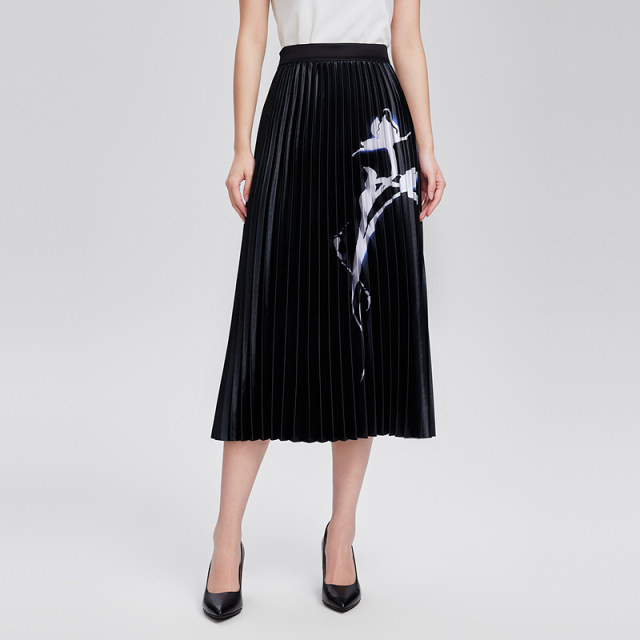 Yingzhishang new Chinese printed skirt spring new black slim high-end and elegant commuter pleated skirt
