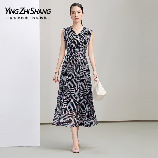 Yingzhi Shang Sleeveless Dress for Women 2025 Summer New Tea Breakout Waist Slim Printed V-neck Vest Long Skirt