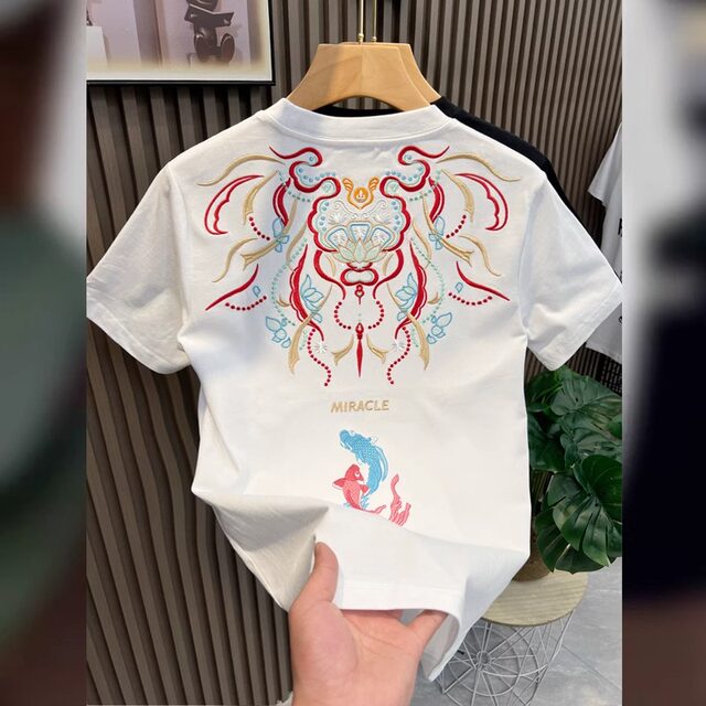 Extra large size 300 Jin [Jin equals 0.5 kg] Summer national trend national style embroidered short-sleeved T-shirt men and women's round neck top T-shirt base shirt