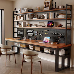 Desktop Solid Wood Computer Desk, Desk, Bookshelf, Integrated Study Table, Home Office Workbench, Double Student Writing Desk