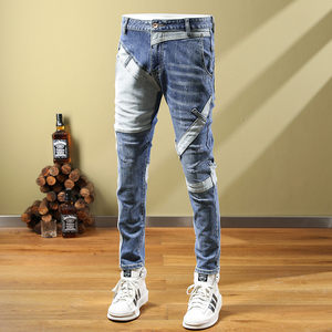 Autumn and winter new men's retro stitching jeans men's tide brand fashion personality elastic casual small feet long pants
