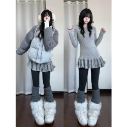 Korean-Style Sweet Polka-Dot Skirt Layered with Long-Sleeved T-Shirt for Women, Autumn and Winter Slim-Fit Casual Base Shirt Inner Top