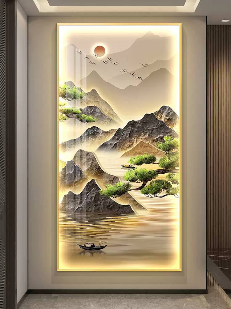 现代轻奢玄关装饰画竖版入户门对面墙画走廊过道挂画LED灯发光画-Taobao 
