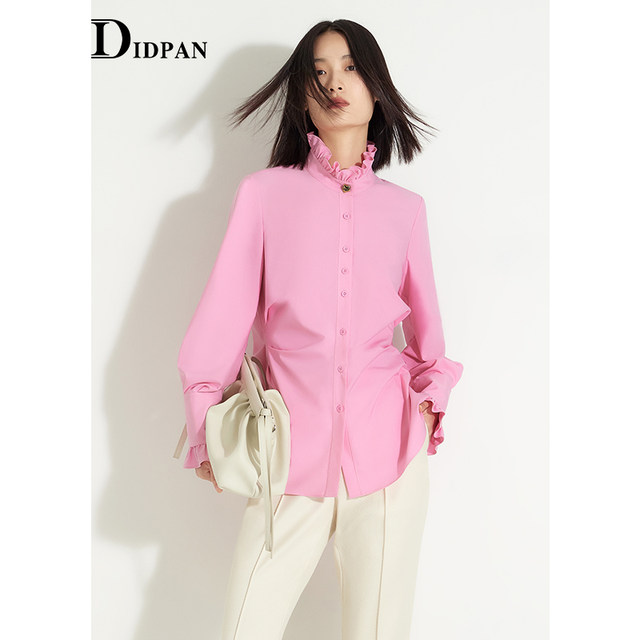 IDPAN Spring New Temperament Commuter Ear Small Stand Collar Design Pinching Woman Long Sleeve Silhouette Shirt