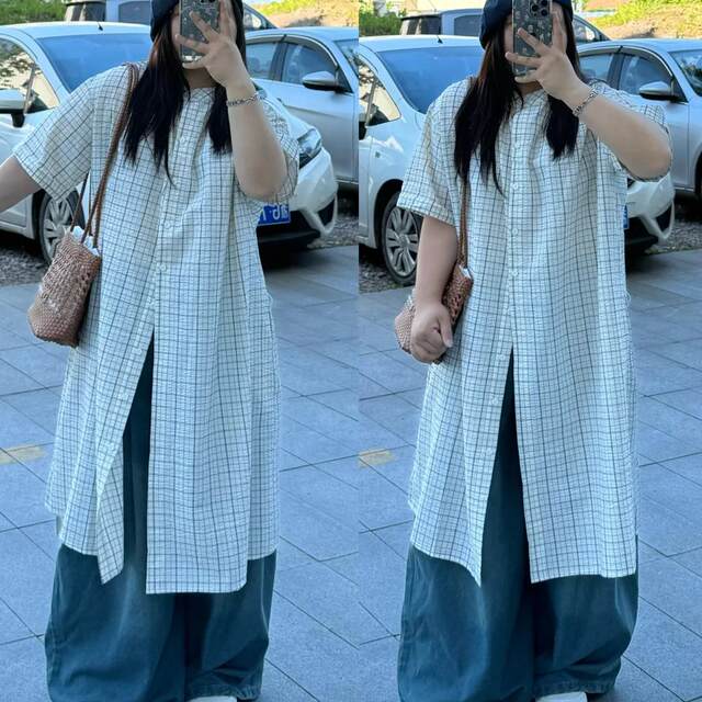 Fat potato large size kid Korean long-sleeved plaid long over-knee design shirt autumn new temperament niche top
