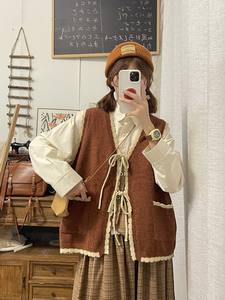 Fat potato large size literary women's suit Japanese niche strap vest small knitted sweater vest two-piece set trendy
