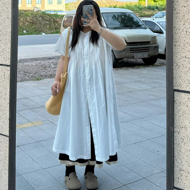 Fat potato large size white short-sleeved shirt skirt for women in summer 2025 new Korean loose mid-length layered A-line skirt
