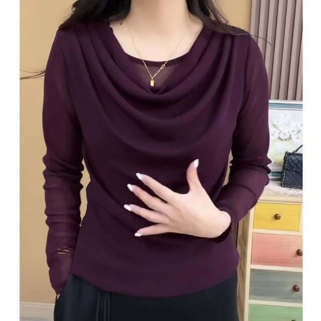 Duoduo collar high-end spring and autumn new temperament long-sleeved shirt versatile T-shirt to make you look slim and fashionable mother mesh top