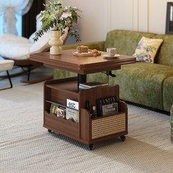 Movable Coffee Table for Living Room, Foldable Small Apartment Sofa Side Table, Vintage Style Adjustable Height Solid Wood Balcony Tea Table