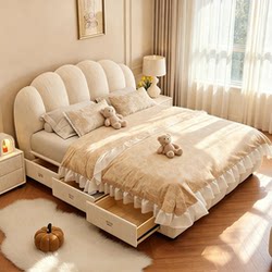 French-Style Cream Chenille Fabric Bed for Small Apartments, Master Bedroom, 1.8m Double Queen-Size Soft-Upholstered Storage Beds