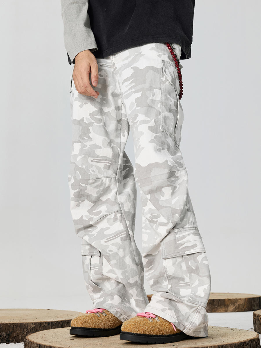 Snow Camo Combat Multi Pocket Wide Leg Cargo Pants