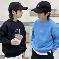 Children's Autumn and Winter Fleece-Lined Thick Warm Sweatshirt Basic Solid Color Embroidered Lettering Unisex Kids' Trendy Fleece Top