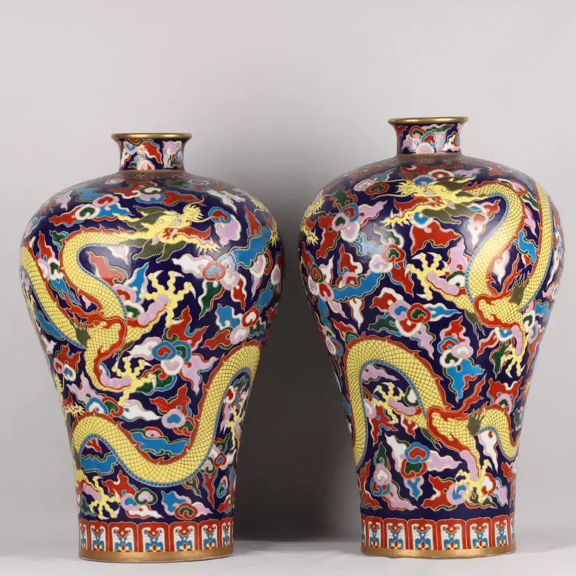 清乾隆：霁蓝釉珐琅彩鎏金云龙纹梅瓶一对古董瓷器老物件收藏-Taobao
