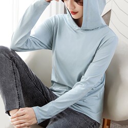 Pure Cotton Loose Long-Sleeved T-Shirt for Women, Base Layer Shirt with Hood, Mom's Hooded Top, Air Conditioning Sun Protection Clothing, Spring 2026