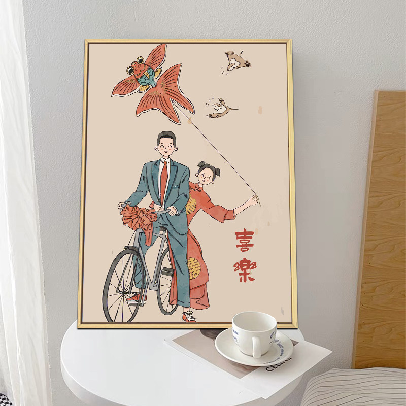 手绘中式新婚结婚油画,送姐姐结婚礼物