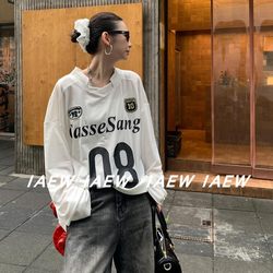 Zhao Lusi Style~ American Style 08 Letter Print Mesh See-Through Jersey Loose Bottomless Long-Sleeve T-Shirt Top for Women