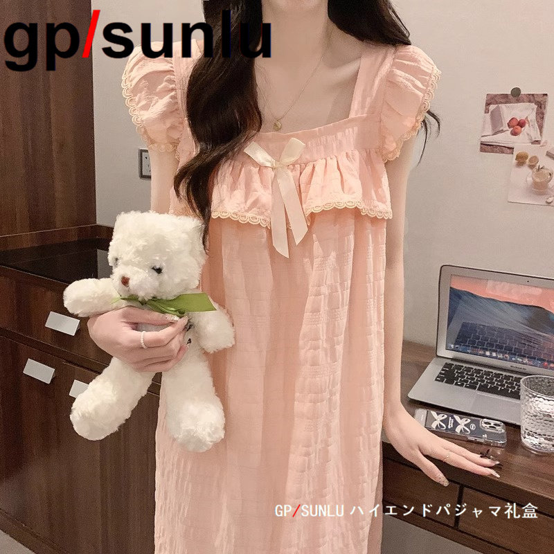 Japan GP пижамы из чистого хлопка — женские летние подтяжки, свежая ночная рубашка с рюшами средней длины, можно носить вне дома