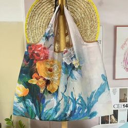 Extra Large Oil Painting Floral Lightweight Portable Foldable Eco-Friendly Supermarket Shopping Bag Single Shoulder Fashionable Tote Bag